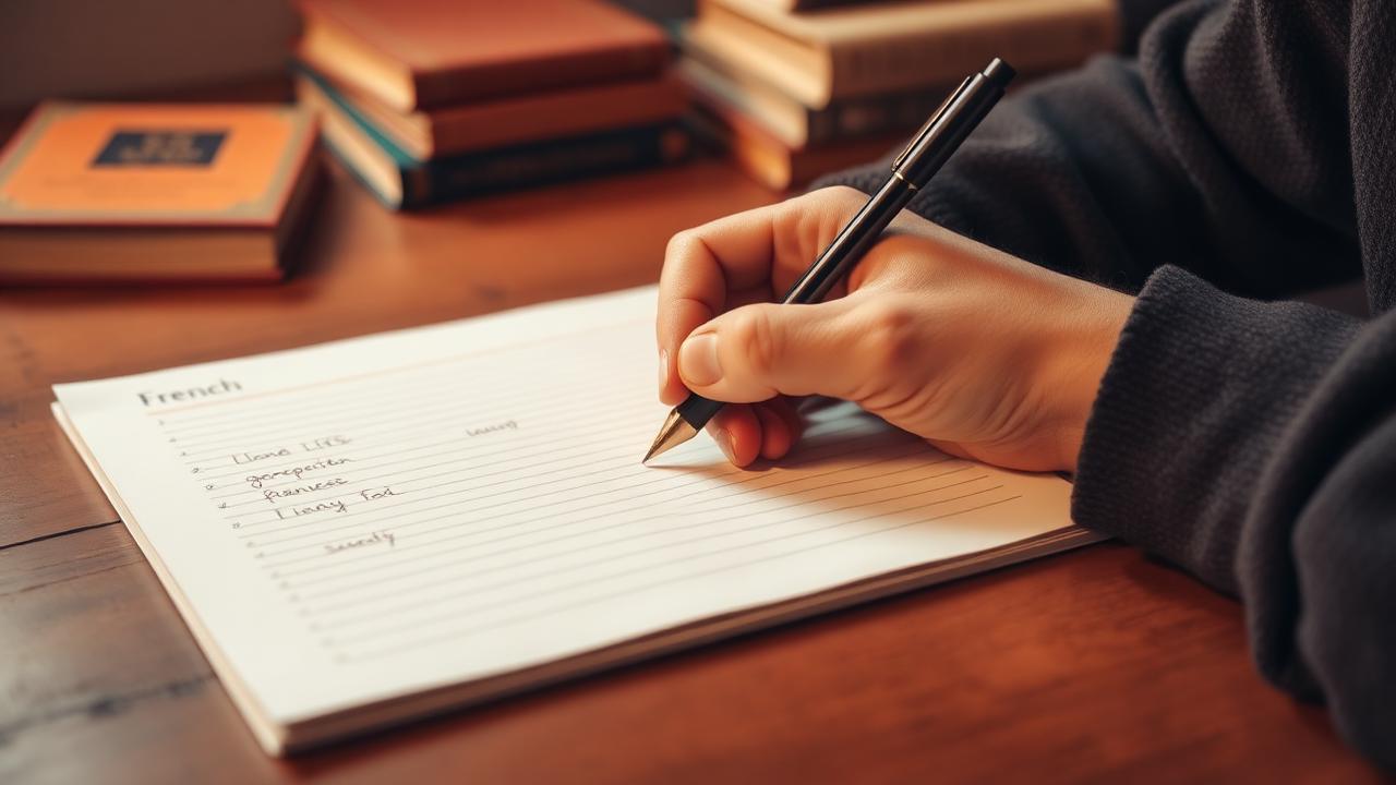 Main d'un candidat rédigeant une composition de français sur une feuille lignée à côté de livres