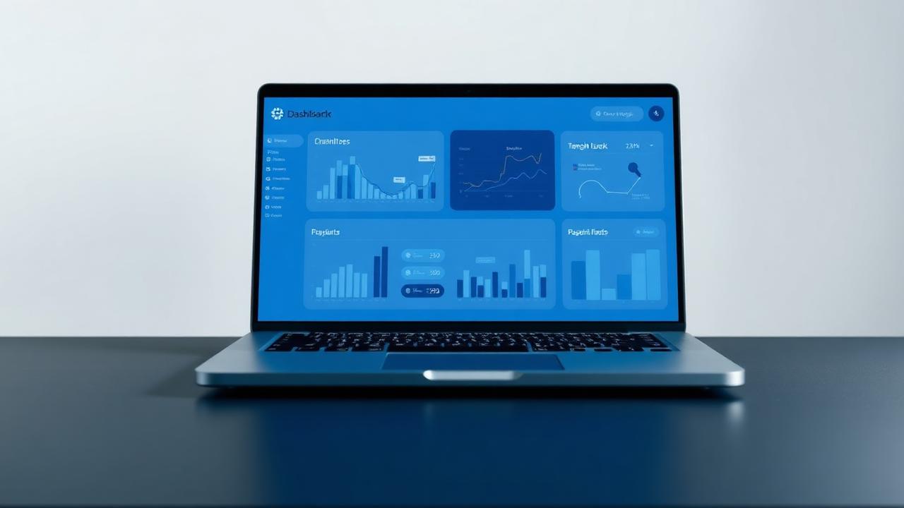 Ordinateur portable affichant un tableau de bord de progression aux couleurs bleues
