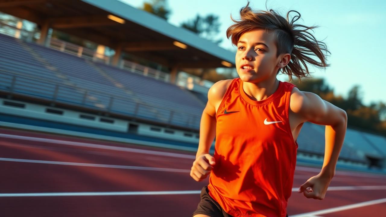 Jeune athlète en pleine course sur une piste d'athlétisme au coucher du soleil