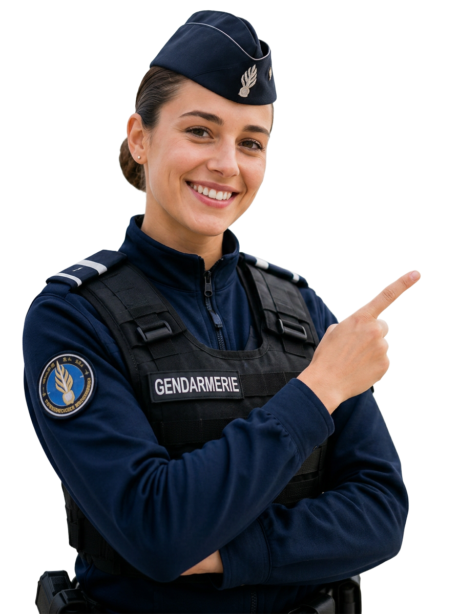 Gendarme souriante invitant à rejoindre la plateforme SogUp