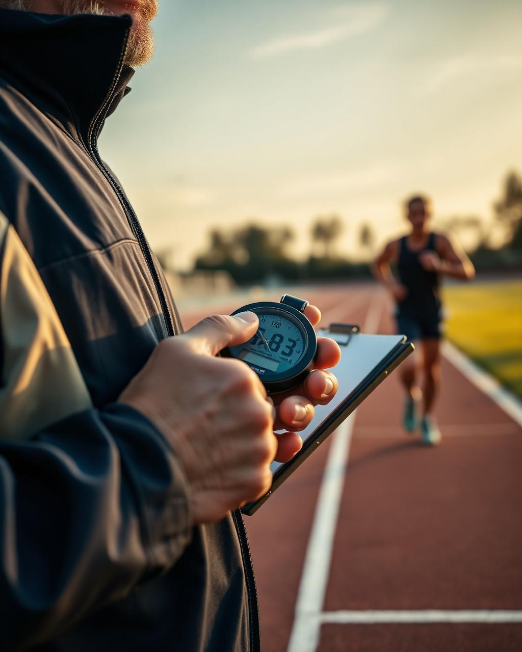 Coach mesurant les progrès d'un athlète avec un chronomètre